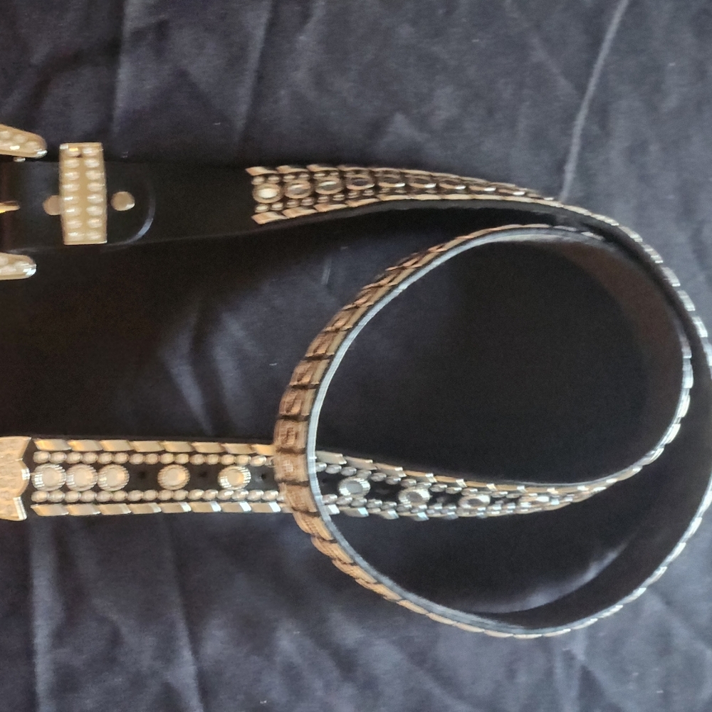 Womens studded belt- 49" belt + buckle.  Black belt, silver/clear studs